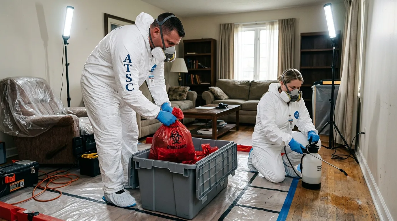 Professional Biohazard Cleanup technician in full PPE working in Perryville